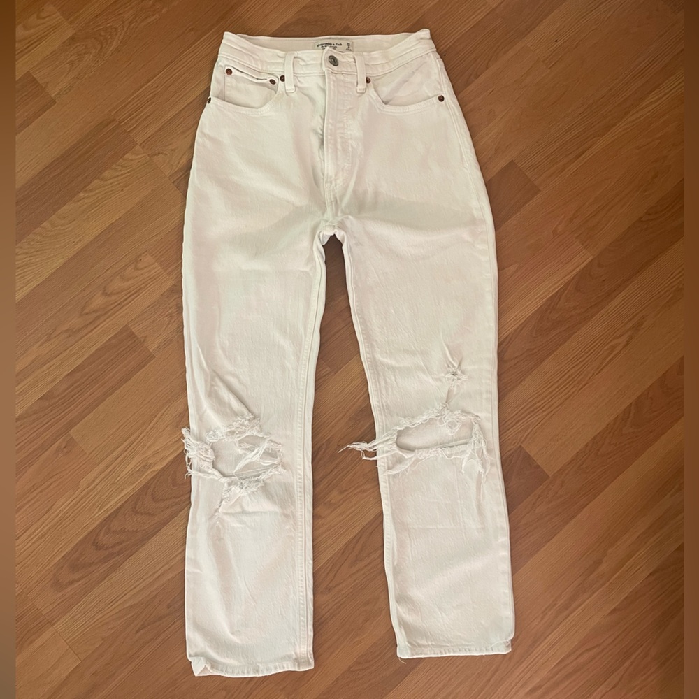 Abercrombie & Fitch, ultra high rise, ripped, straight, ankle white jeans